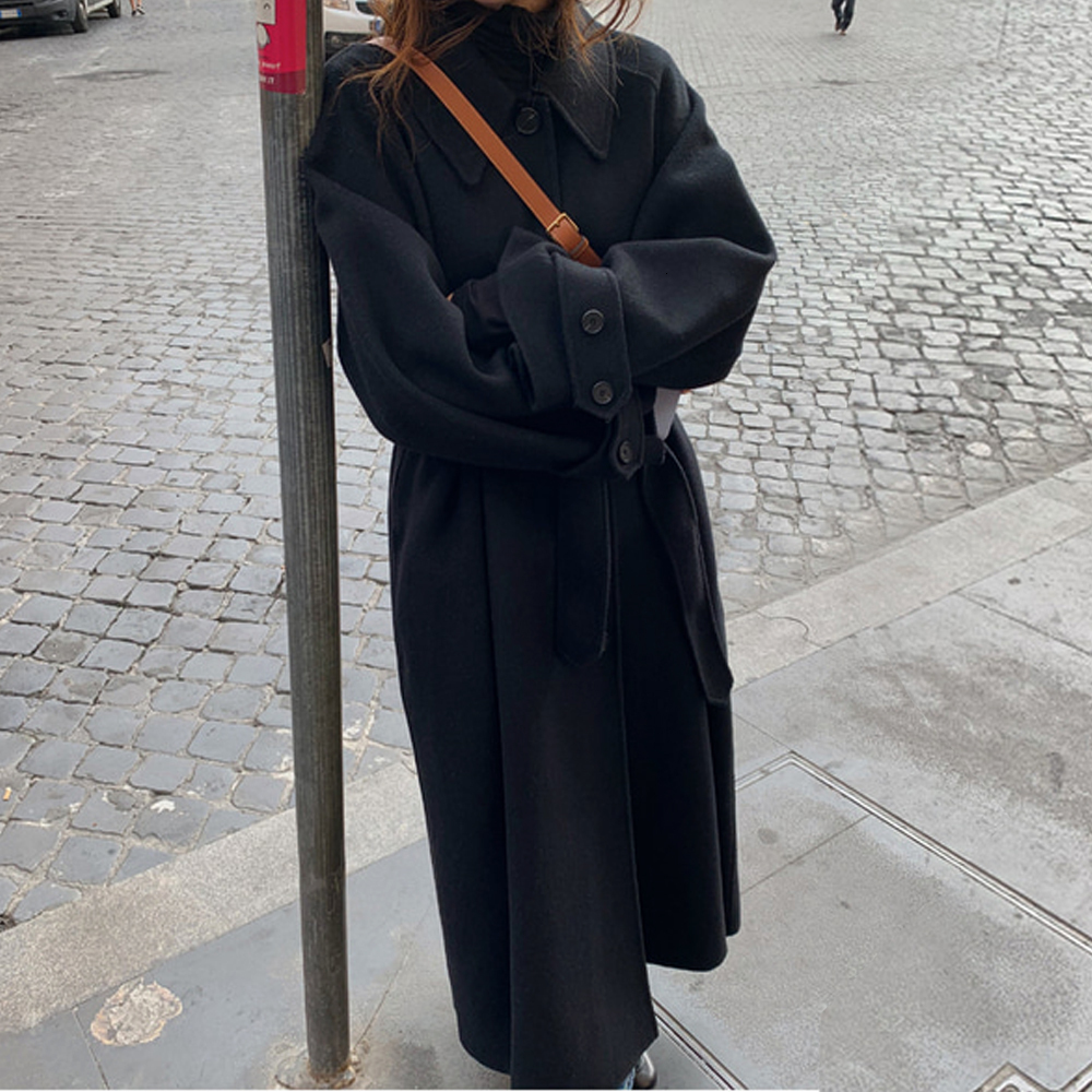 

Women's Wool Blends Women Winter Vintage Oversize Long Coat With Belt Single Breasted en Overcoat Female Outerwear Solid Color 221114, Black