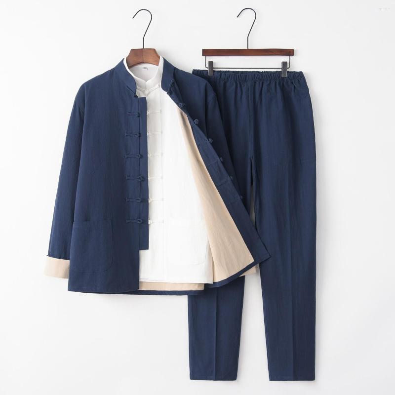 

Ethnic Clothing Mandarin Collar Men 3PCS Tang Suit Long Sleeve Coat&Shirt&Pants Cotton Linen Tai Chi Uniform Plus Size 3XL 4XL
