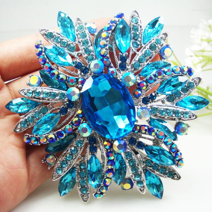 

Brooches Silver Tone Blue Crystal Oval Flower Woman Brooch Pin Rhinestone Jewelry