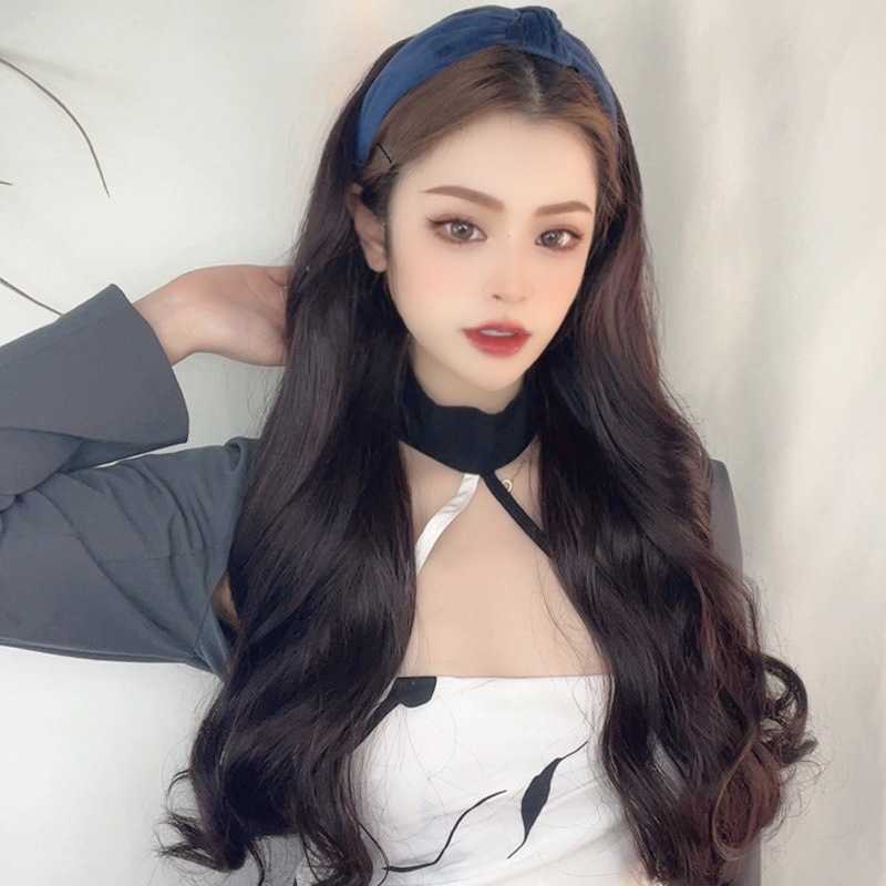 

Women's Hair Wigs Lace Synthetic Wig Women's Curly Half Cap Net Red Veet Band Long Straight Hair, Ginger hair band: straight black hair