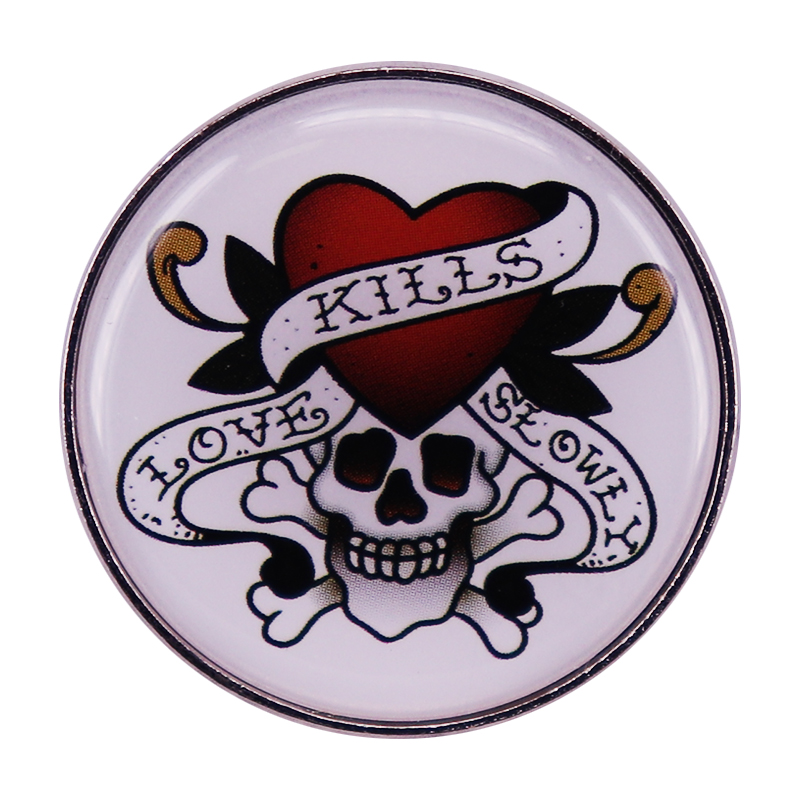 

Ed Hardy Love Kills Slowly Pin Brooch Art Skull and Crossbone Roses Heart Badge, As picture