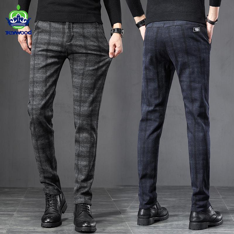 

Men's Pants Autumn Winter England Plaid Work Stretch Men Business Fashion Slim Thick Grey Blue Casual Pant Male Brand Trousers 38 221114, Black