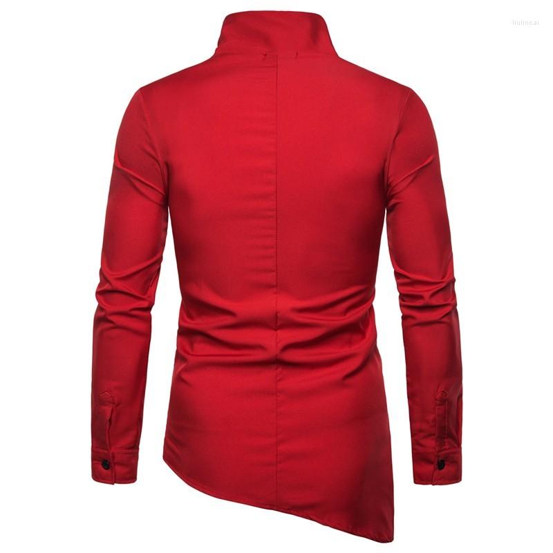

Men's Casual Shirts Style Single Breasted Red Men Brand Long Sleeve Harajuku Stand Collar Hip Hop Irregular Tops Man Hombre, Black