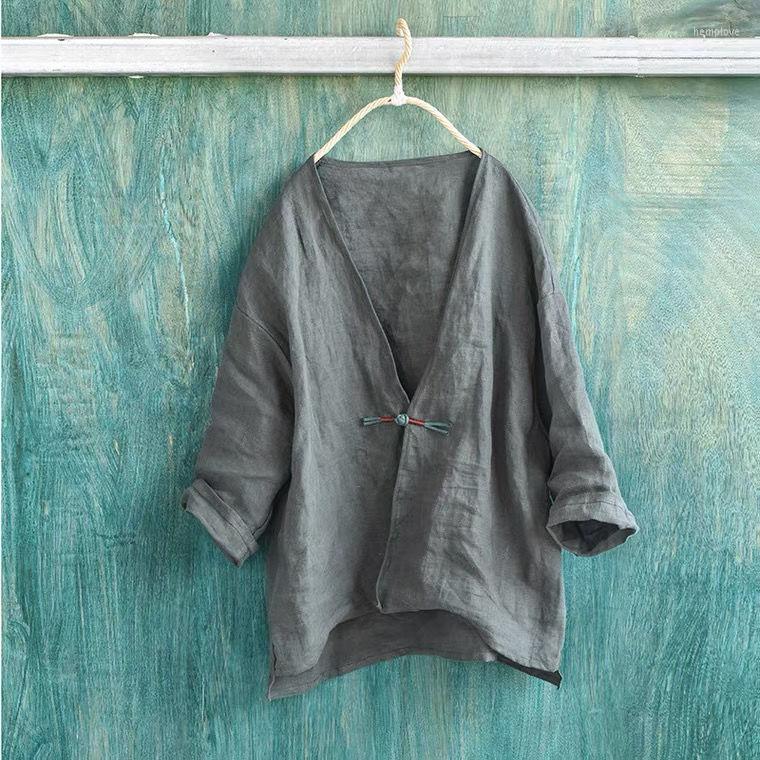 

Women's Blouses Chinese Style Single Button Cardigans Open Stitch Solid Color V Neck Loose Shirt Women Cotton Linen Tops Thin Clothes, Green