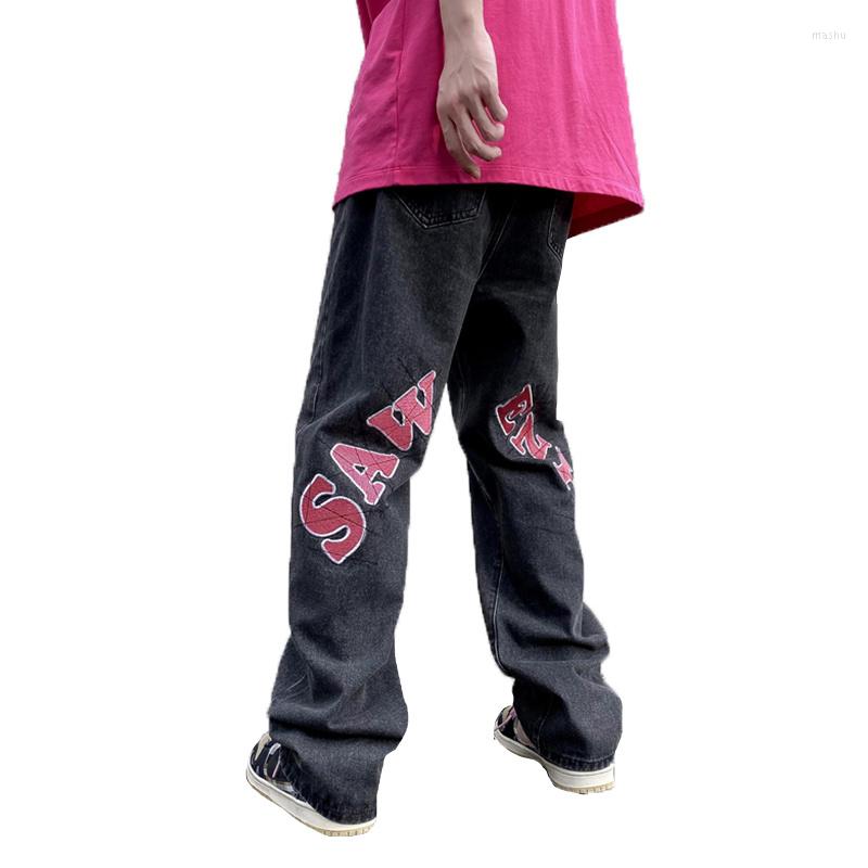 

Men' Jeans Black Man American High Street Letter Printed Men' Summer Thin Hip Hop Fried Straight Tube Loose Pants 3XL