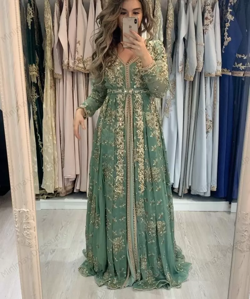 

Elegant Moroccan Kaftan Formal Evening Dresses Gold Lace Appliques A Line Arabic Muslim Sage Special Occasion Dresses Floor Length Beaded Long Sleeve Prom Dress, Blue