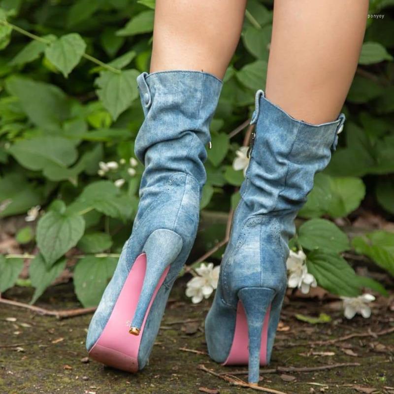 

Boots 2022 Women Knee High Sexy Heels Side Zip Denim Cowboy Fashion Brand Designer Platform Party Shoes Female, Light blue