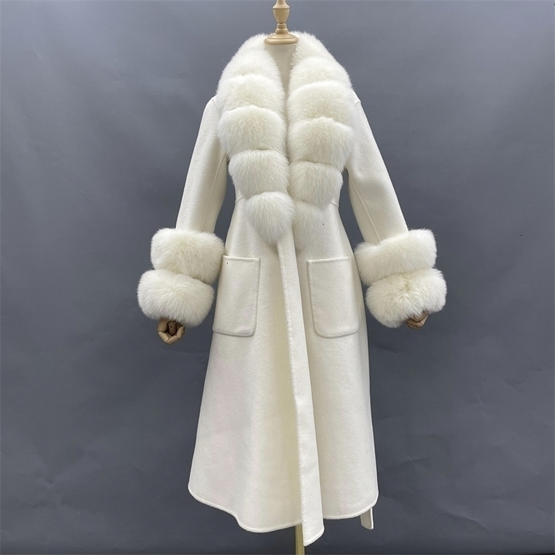 

Womens Wool Blends Arrival Women Coat With Real Fur Collar Cuff Slim Fit Elegant Belted Cashmere Long Ladies Winter s 221113, Beige