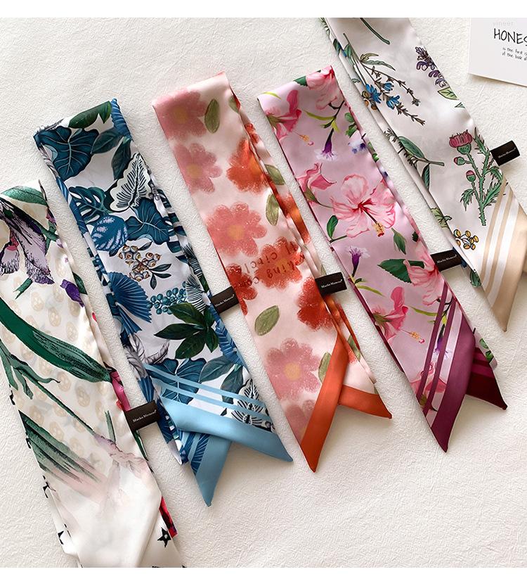 

Scarves Refreshing Literary Flower Small Silk Scarf Female Headband Slender Long Strip Streamer Tied Bag Belt Decorative Gift