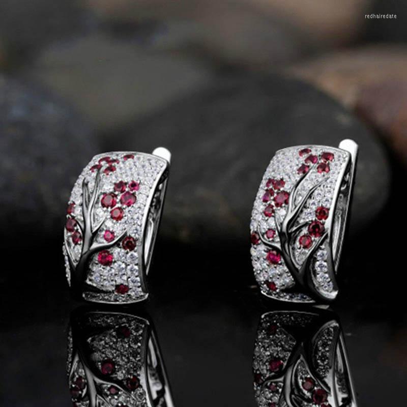 

Backs Earrings BLACK ANGEL Ruby Plum Blossom 925 Silver Red Gemstone CZ Clip 2022 For Women Fashion Jewelry Christmas Gift