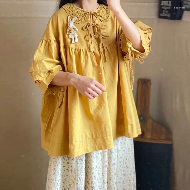 

Women's Blouses Johnature 2022 Vintage Patchwork Lace All Match Women Shirts Summer Mori Loose Tie Irregular Female, Pink