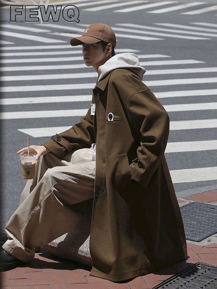 

Men's Wool Blends FEWQ Men's Woolen Coat Autumn Winter Turndown Collar Single Breasted Loose Long Windbreaker Japanese Style 24A608 221014, Coffee