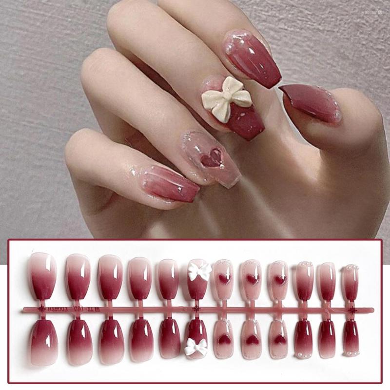 

False Nails 24PCS Long Press On Cute Heart & Bow Design Fake Full Coverage Artificial Sweet Style NN, Glue models