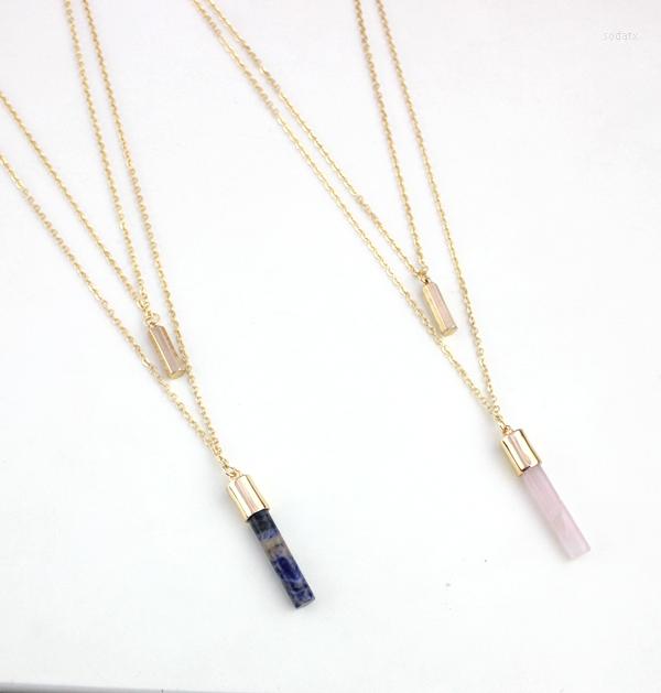 

Chains Natural Stone Cylindrical Pink Quartz Crystal Pendant Gold Color Double Layer Chain Necklace For Women Jewelry