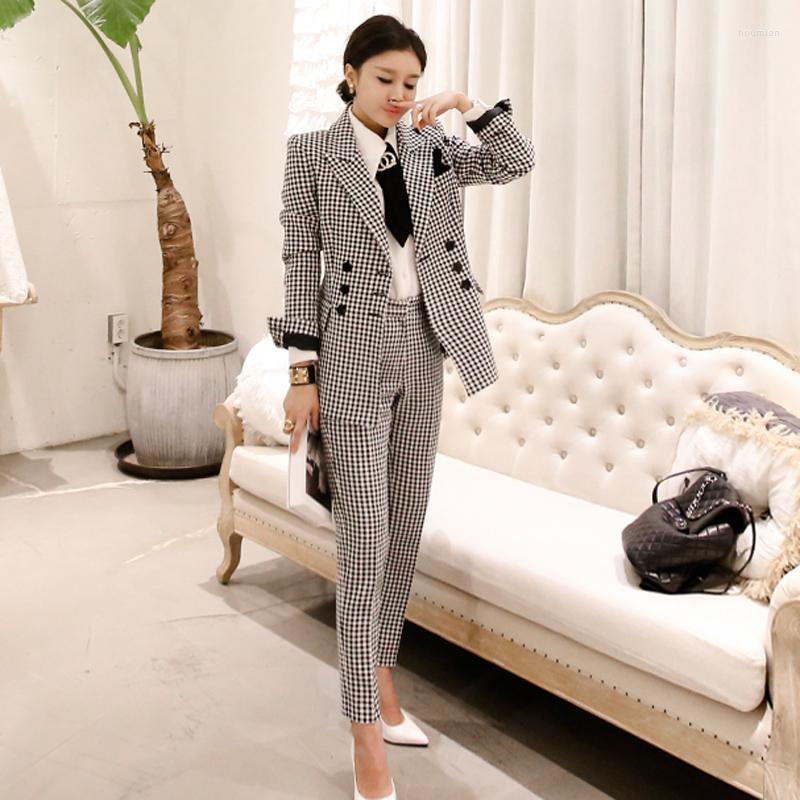 

Women' Two Piece Pants Autumn Elegant Pant Suits For Women Plaid Woman Suit Jacket Female Work Uniform Blazer Set