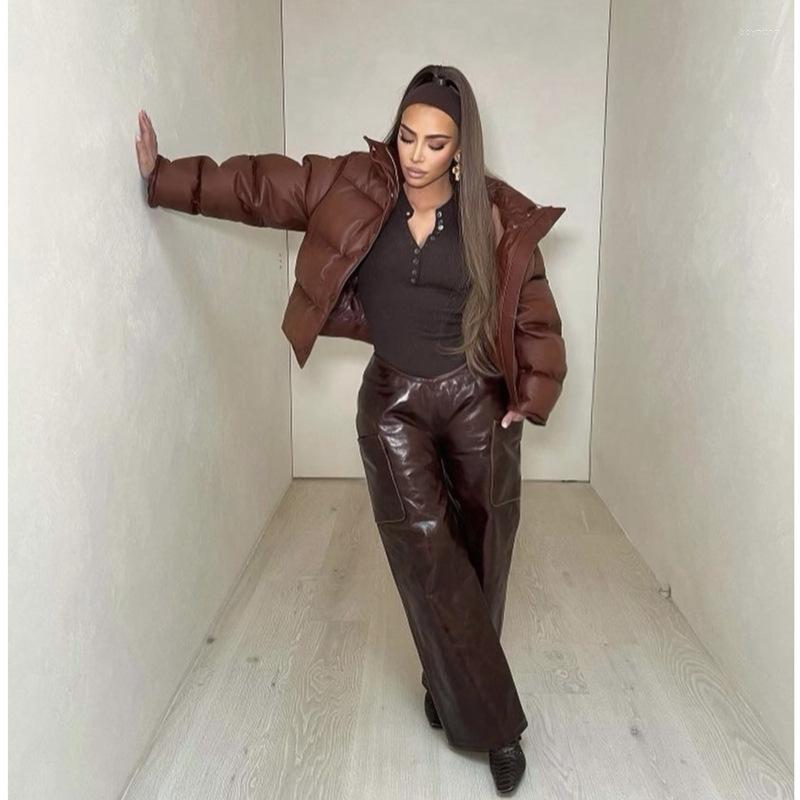 

Women' Down Winter PU Leather Cotton Padded Jacket Zipper Stand Collar Short, Brown