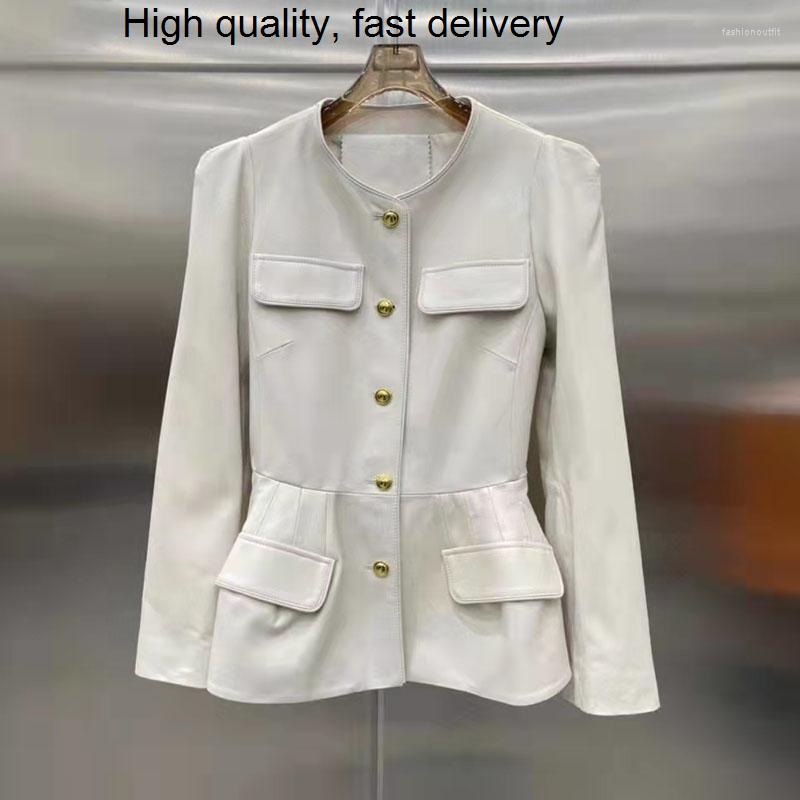 

Women' Leather Real Sheepskin Imported Women Black Spring And Autumn Clothes Female Genuine O-neck Short Coat With Pocket Outer Wear