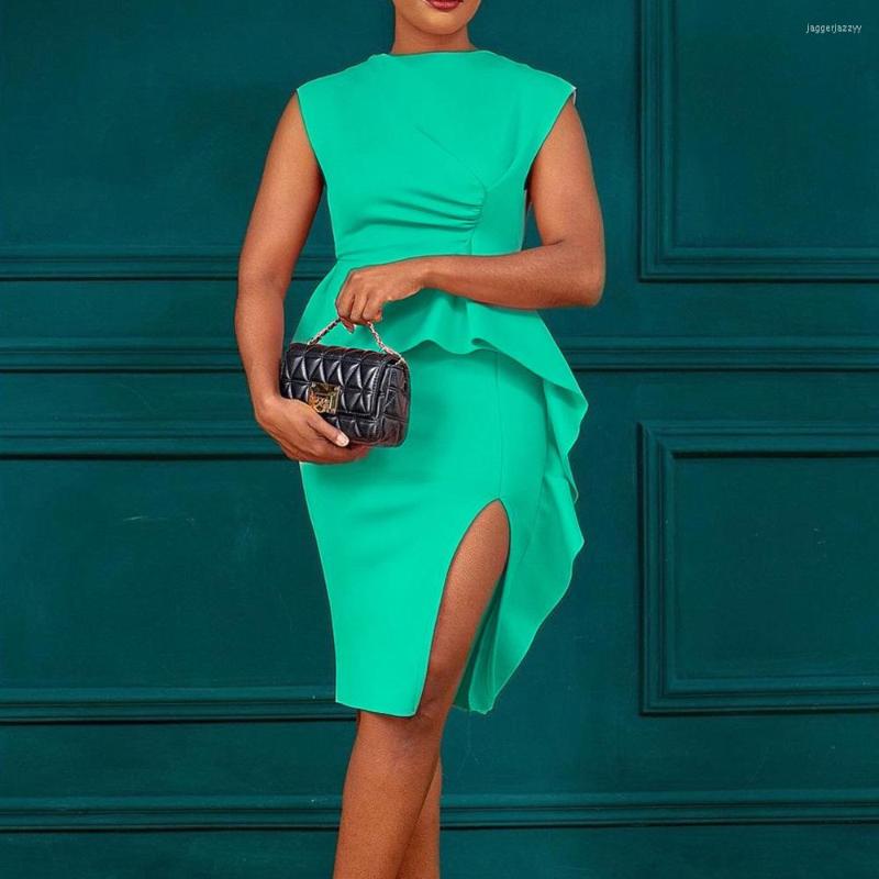 

Casual Dresses Office For Women 2022 Elegant Solid Sleeveless Round Neck High Wasited Ruffles Split Knee Length Business Work, White dress