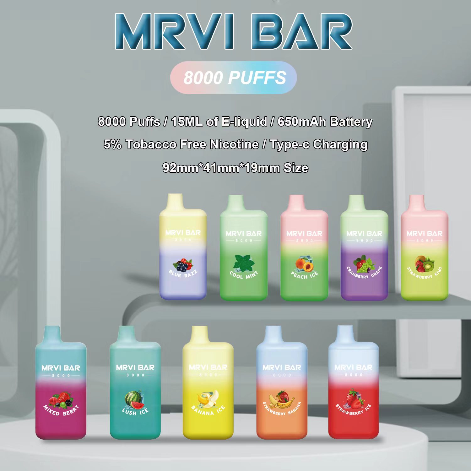

Original MRVI bar 8000 puffs disposable vape pens stick 15ML 650 MAh battery recharger Type-C charging port 10 flavors VS Toronado 8000