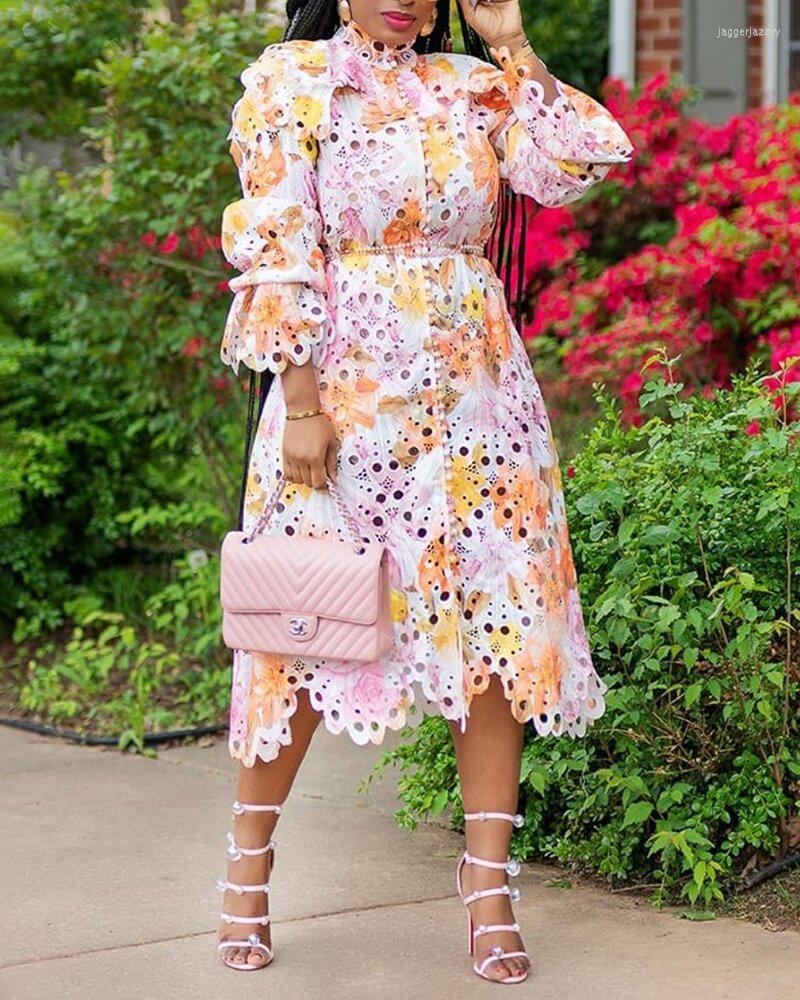

Casual Dresses Women Dress Pink Bright Color Floral Print Big Size XXXL Plus Button Shirt Chic Loose Long Sleeve African, Picture shown