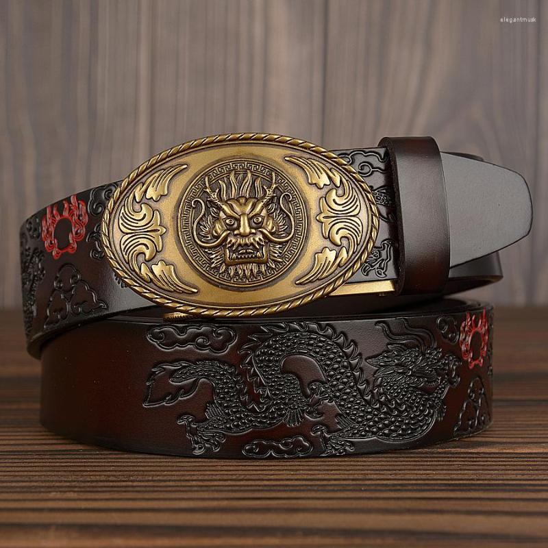

Belts Men's For Men Strap Male Metal Automatic Buckle China Pattern Belt Cowskin Genuine Leather, Black