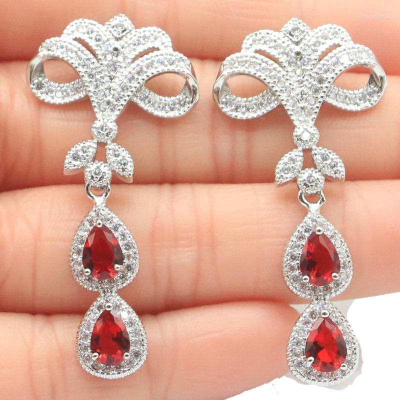

Stud Earrings 46x22mm Sell 7.4g Red Blood Ruby White CZ Women Daily Wear Eye Catching 925 Silver