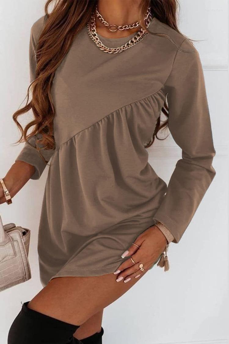 

Casual Dresses Spring Autumn Women Dress Solid Color 2022 Elegant O-Neck Long Sleeve Fashion Draped Pleated Pullover Office Lady, Black
