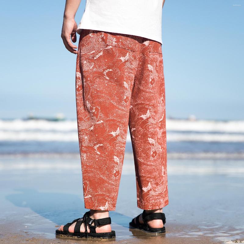 

Men' Pants Chinese Traditional Dress Carp Print Cropped Trousers Loose Plus Size Casual Straight Cargo 2022 Harajuku Men Clothing, Black