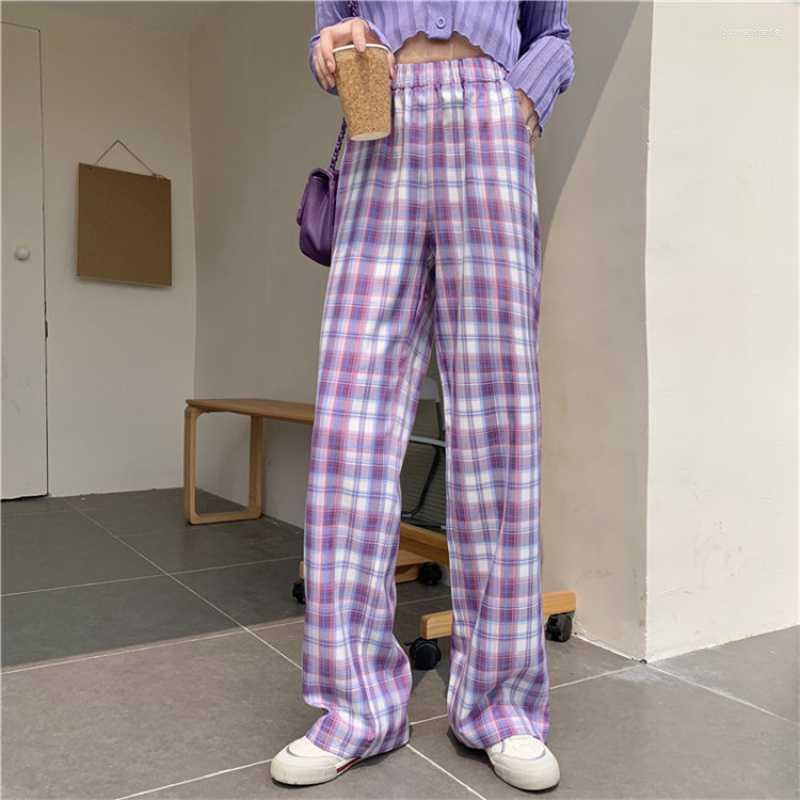 

Women' Pants Korean Fashion Plaid Summer Loose Wide Leg Pant Pockets Elastic Waist Casual Trousers Women Sweatpants Harajuku, Pp