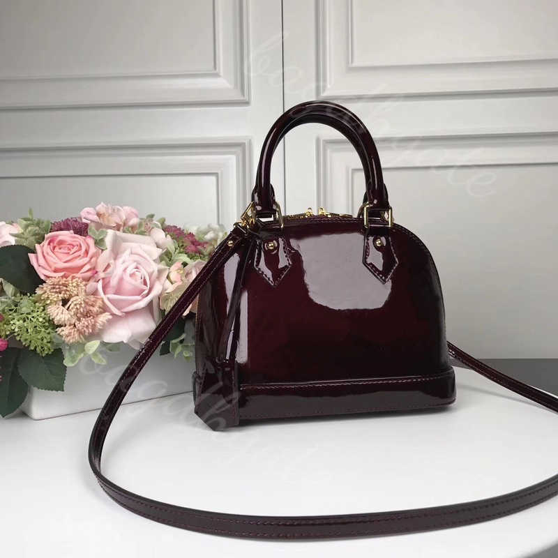 

luxury designer Lvity bag 7ATop Quality ALMA BB shell women shiny patent leather flower Embossed shoulder with lock crossbody Designer handbags, Red