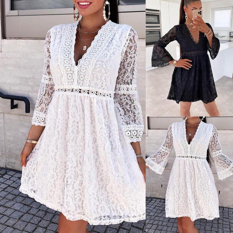 

Casual Dresses Women Dress Elegant Party Lace Mesh Deep V Neck, White