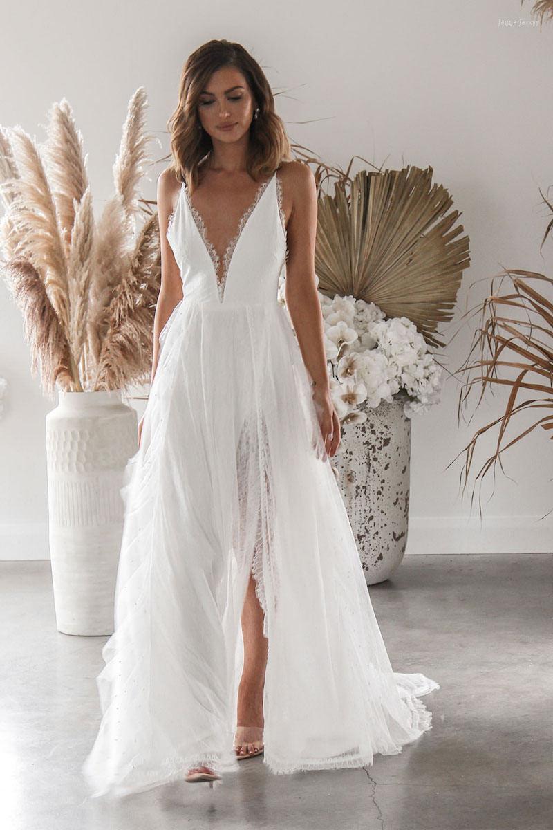 

Casual Dresses Satin V-neck Wedding Dress With Train Lace Up Back A-line Slit Light Princess Simple Customize, White