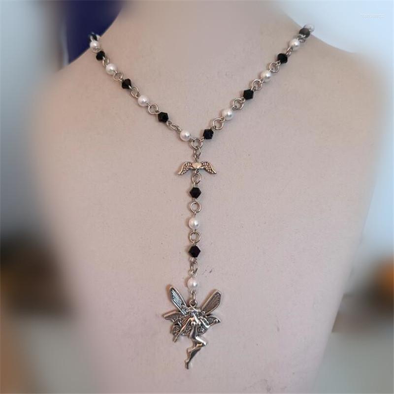 

Chains Grunge Punk Goth Fashion Black Crystal Pearl Stainless Chain Angel Wing Butterfly Fairy Necklace For Women Cross Heart Jewelry
