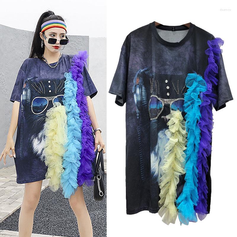 

Women's T Shirts Street Style Fashion Summer Women T-shirt 2022 Tie Dye Cartoon Printing Mesh Flouncing Short-Sleeved Long Tee Beads Loose, Picture shown