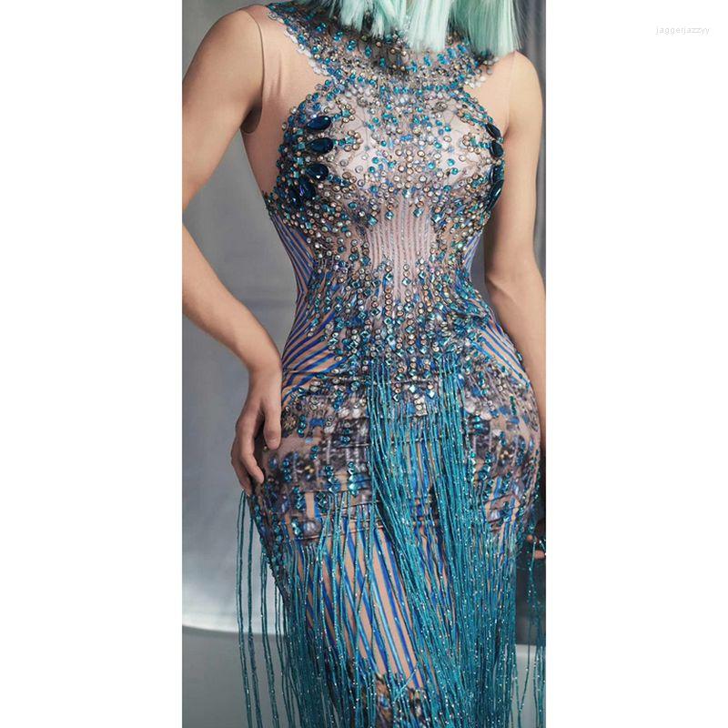 

Casual Dresses Diamonds Crystals Beading Tassel Women Long Dress Sleeveless Blue Color Sexy Jazz Singer Dancer Stage Fish