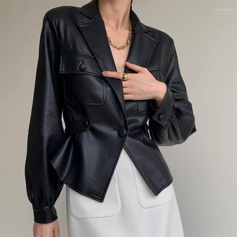 

Women's Leather Women's Jacket 2022 Spring Genuine Suit Collar Single Button Waist Closing Design Pocket Short Sheepskin Coat, Black