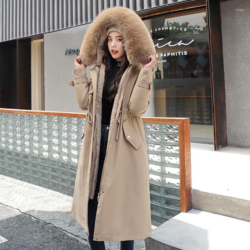 

Women's Trench Coats Nice Winter Jacket Women Long Hooded Parka Adjustable Waist Warm Fur Collar Coat Fashion Cotton Liner Parker Parkas, Blue
