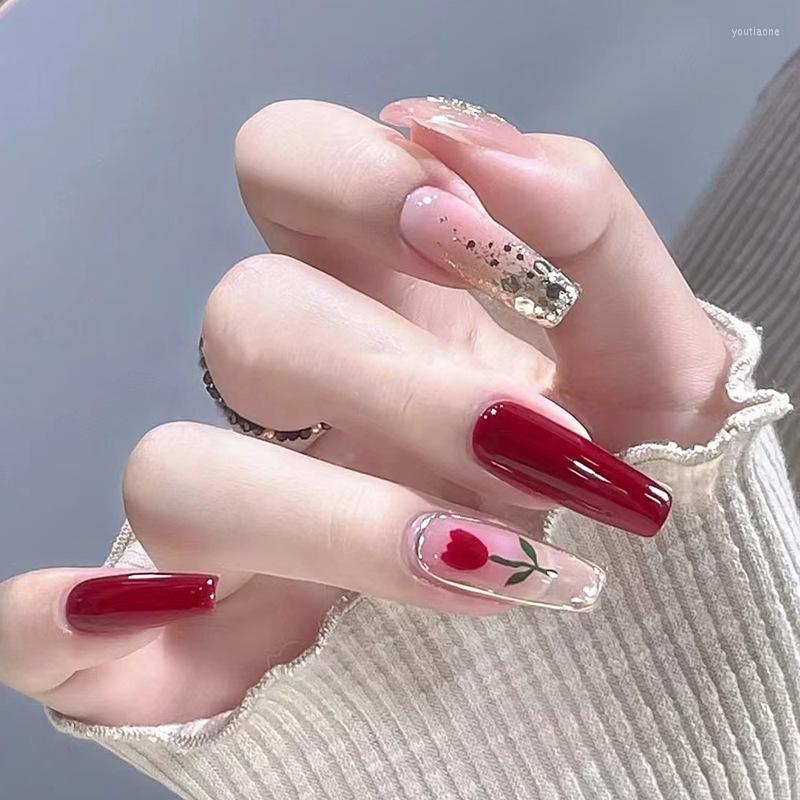 

False Nails Long White And Retro Tulip Wine Red Printing Bride's Glitter 24 Pieces Boxed Fake, R625
