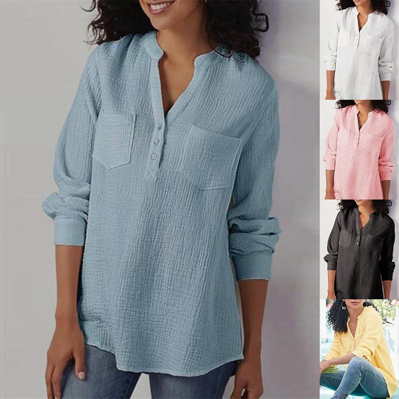 

Women' T Shirts 2022 Spring Summer Women White Blouses V-Neck Long Sleeve Cotton Casual Tops, Beige