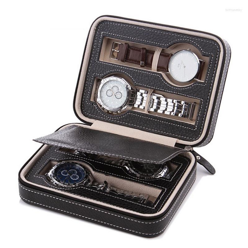 

Jewelry Pouches High Level 2/4 Grids Leather Watch Box Luxury Zipper Style For Travelling Storage Collector Cases Organizer