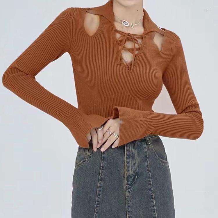 

Women's Sweaters 2022 Autumn Winter Deconstructed Off-the-Shoulder Lapel V-Tie Slim Fit Flared Sleeves Fashion Knit Sweater Versatile Top, Black
