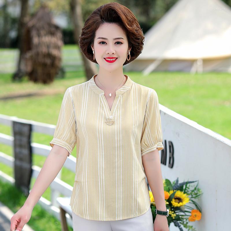 

Women's Blouses Vintage Women Plaid Printed Blouse Summer Casual V-Neck Lace Tops Shirt Ladies Elegant Loose 5XL, Gray