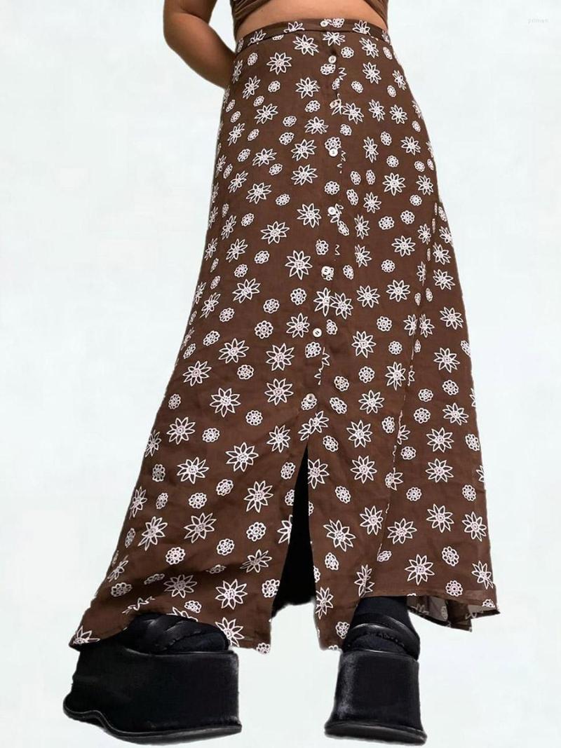 

Skirts Women Spring And Autumn Vintage Casual Dress Broken Flower Pattern High Waist Long A-line