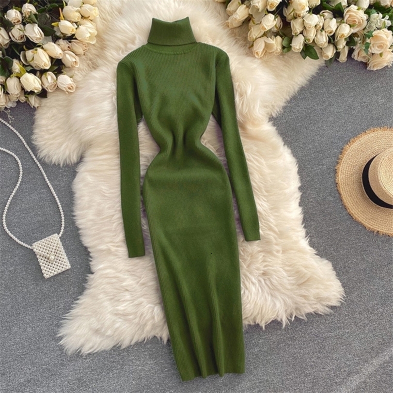 

Party Dresses for Women Sexy Turtleneck Knitted Bodycon Autumn Winter Long Sleeve Sweater 221113, Green