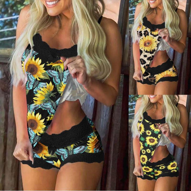 

Women' Sleepwear For Ladies Women Casual Summer Sleeveless Sling Lace Patchwork Print Tank Top Shorts Thermal Pajamas Set, Black