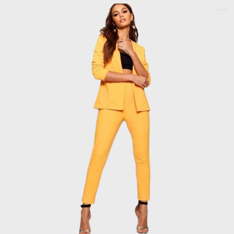 

Women's Two Piece Pants Fashion Yellow Double Breasted Suit For Women Business Pantsuits Office Formal Ladies Work Wear Blazer Outfit, 016