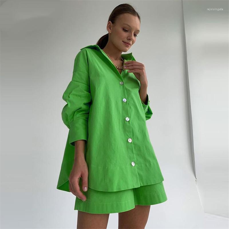 

Women' Tracksuits Casual Women Short Set Tracksuit Loungewear Two Piece Outfits Oversized Long Shirt And High Waist Shorts Green