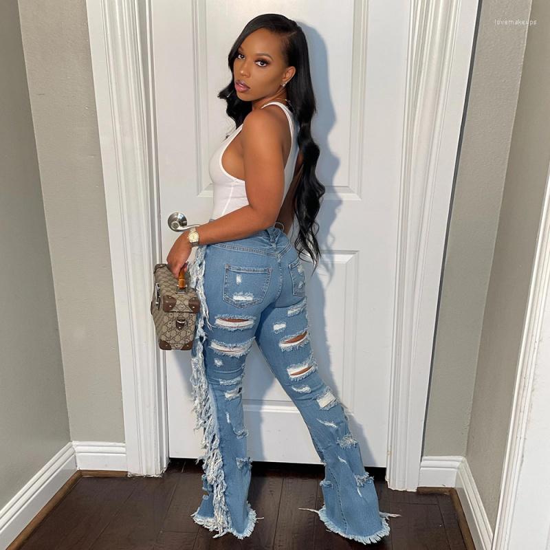 

Women' Jeans Ripped Hole Women Distressed Side Tassel Zipper High Waist Denim Pants Bottom 2022 Summer Workout Activewear Trous, Blue