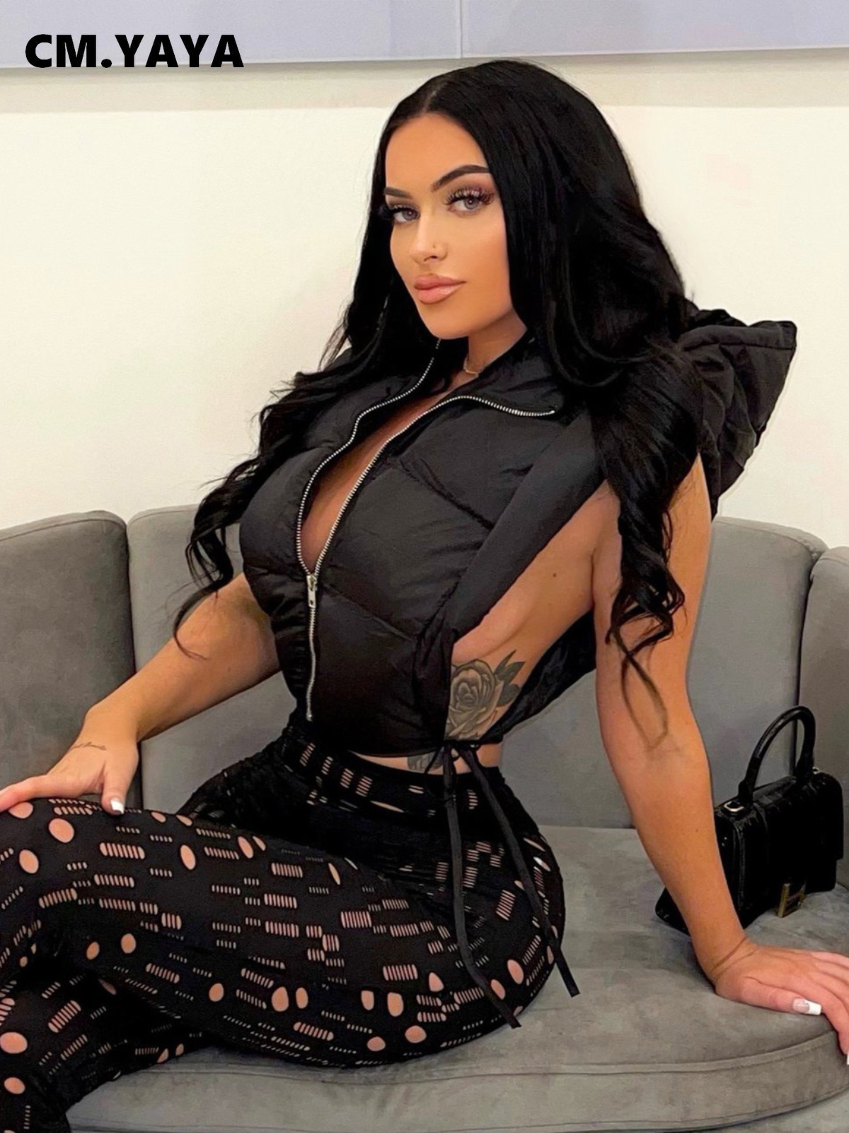 

Women' Vests CM.YAYA Women tie up hollow out side sexy hooded vest parkas for winter spring sleeveless jacket outcoats 221114, Purple