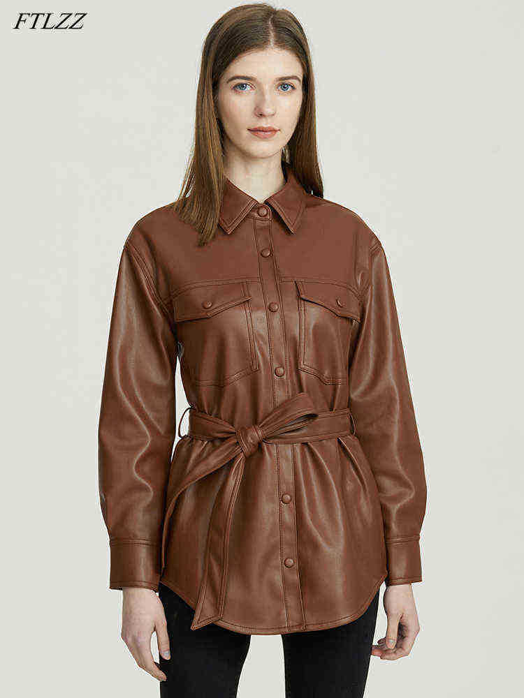 

FTLZZ Spring Autumn Women Single Breasted Pu Faux Soft Leather Jacket with Belt Streetwear Moto Biker Female Slim Coat Outwear J220727, Brown.